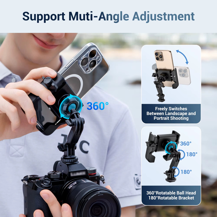 JJC Kamera-Blitzschuhhalterung für DJI Osmo Action 5 Pro 4 3 sowie iPhone 15 16 und Samsung, 360 Grad Rotationshalterung mit 1/4 Zoll Anschluss, Schwarz - Bild 5