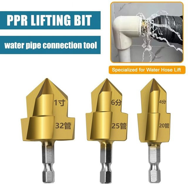 Drei-Klingen-PPR-Schrittbohrer-Set mit Sechskantschaft für Wasserrohr-Anschlüsse in Gold, Durchmesser: 20 mm, 25 mm, 32 mm - Bild 1