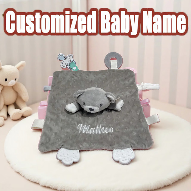 YTYIN Personalisierte Baby-Sicherheitsdecke mit Silikon-Beißring, Grau, Tiere - Bild 1