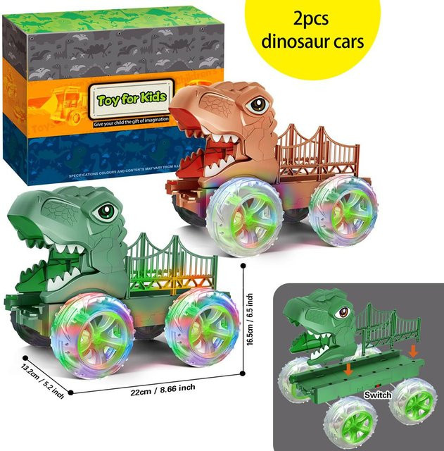 Linyi toy car Dinosaurier Dino Monster Truck, 2-teiliges Set, LED-Räderlicht, braun, ab 4 Jahren - Bild 1