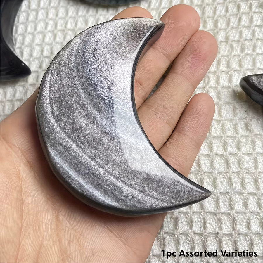 CrystalHola Silbriger Obsidian in Mondform als natürliches Stein-Mondschnitzhandwerk für Meditation und Dekoration - Bild 2