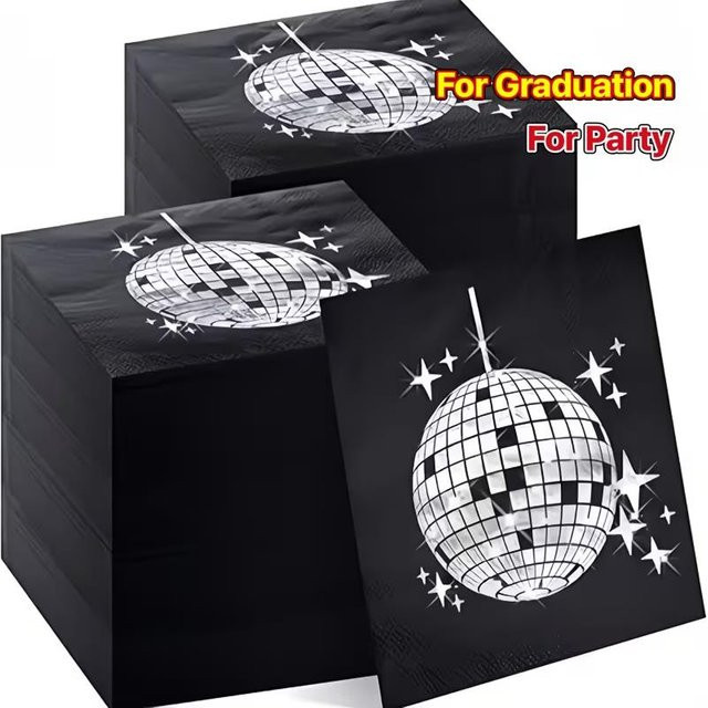 ZQNYCY Einweg Servietten mit Disco-Kugel-Motiv in Schwarz für 70er und 80er Jahre Partys - Bild 1