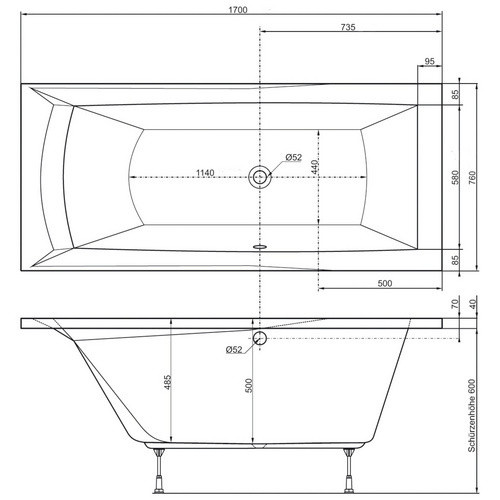 OTTOFOND Badewanne Porta rechteckig aus Acryl, Farbe: Weiss, B/H/L: 75 x 50 x 170 cm - Bild 2
