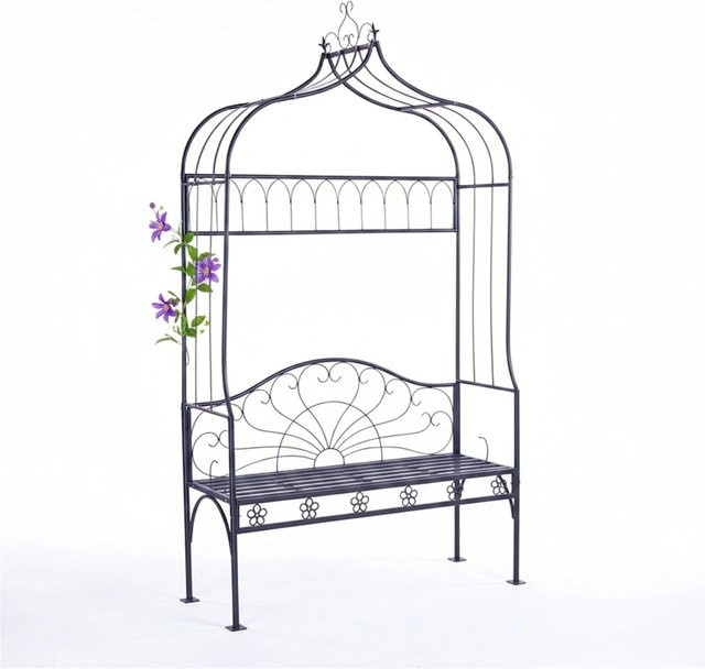 Relaxdays Rosenbogen aus Stahl mit Gartenbank in Schwarz, wetterfest, B/H/T: 122 x 220 x 43 cm - Bild 1