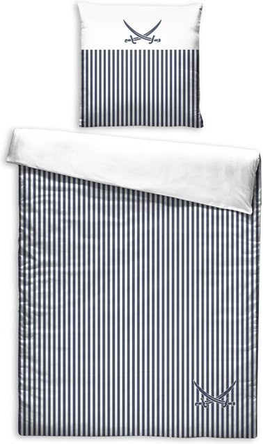 Sansibar Bettwäsche aus Mako-Satin mit grafischem Nautik-Design in Blau, Set bestehend aus Bettbezug und Kissenbezug, B/H: 135 x 200 cm und 80 x 80 cm - Bild 1