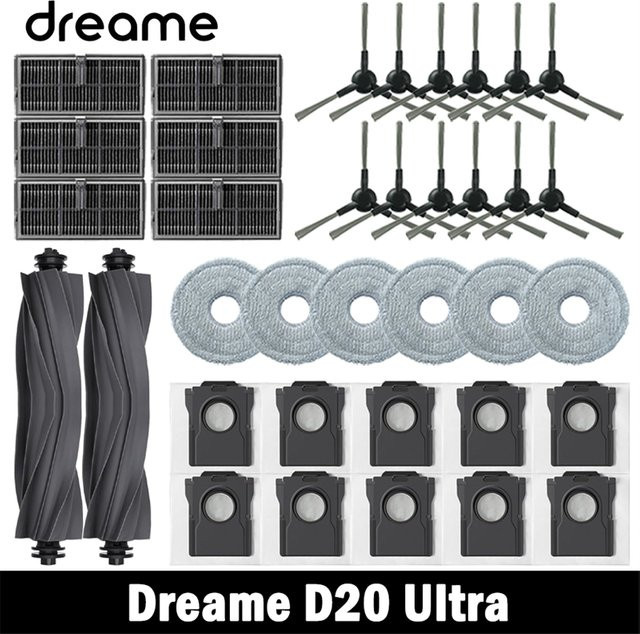 Dreame D20 Ultra Ersatzteil-Set in Schwarz mit Hauptbürste, Seitenbürsten, HEPA-Filtern, Wischtüchern und Staubbeuteln - Bild 1