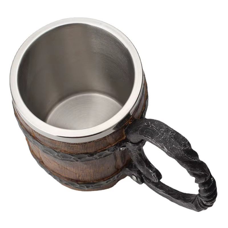 BARMAID BARWARE Viking Bierkrug im Holzstil, Doppelwandiger Metalltrinkbecher aus Edelstahl, Braun, 600 ml - Bild 4