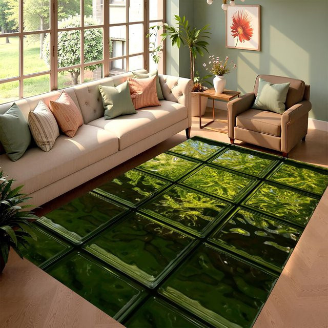 Dekorativer Teppich im Landhausstil mit floralem Fenster- und Mosaikglas-Muster in Grün für Wohnzimmer und Schlafzimmer - Bild 1