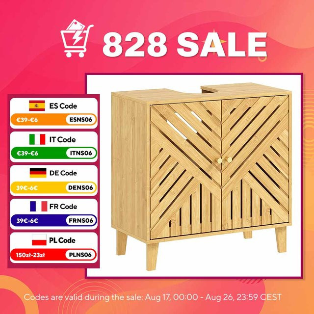 Homcom Waschbeckenunterschrank aus Bambus mit 2 Lamellentüren und verstellbarem Fach in Natur, B/T/H: 60 x 30 x 60 cm - Bild 1