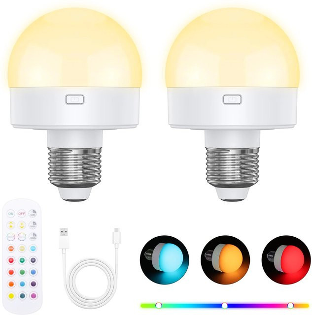 HPH RGB LED-Nachtlicht mit Fernbedienung, wiederaufladbare E27 Glühbirne für USB-Anschluss, Multicolor und Weiß - Bild 1
