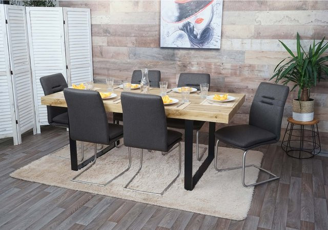 6er-Set MCW Esszimmerstühle H70 Freischwinger aus Stoff und Edelstahl in Grau-Braun - Bild 1