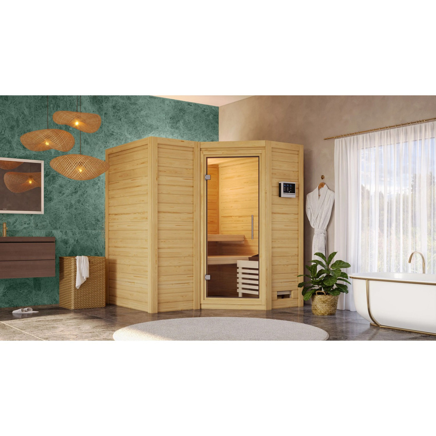 Karibu Massivholzsauna SAHIB 1 aus Fichte und Espe mit 9.0 kW Ofen, Steuergerät und Ganzglastür in Klarglas, Farbe Braun, B/T/H: 193 x 184 x 184 cm - Bild 2