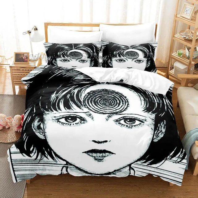 Junji Ito Manga Bettwäsche Set mit 3D-Druck in Schwarz, bestehend aus Bettbezug und Kissenbezügen, B/H: 70 x 133 cm - Bild 1