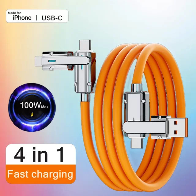 KADIXI 4-in-1 USB-Schnellladekabel mit 100 W für iPhone, Samsung, Xiaomi und USB Typ C Tablets in Schwarz und Orange - Bild 1