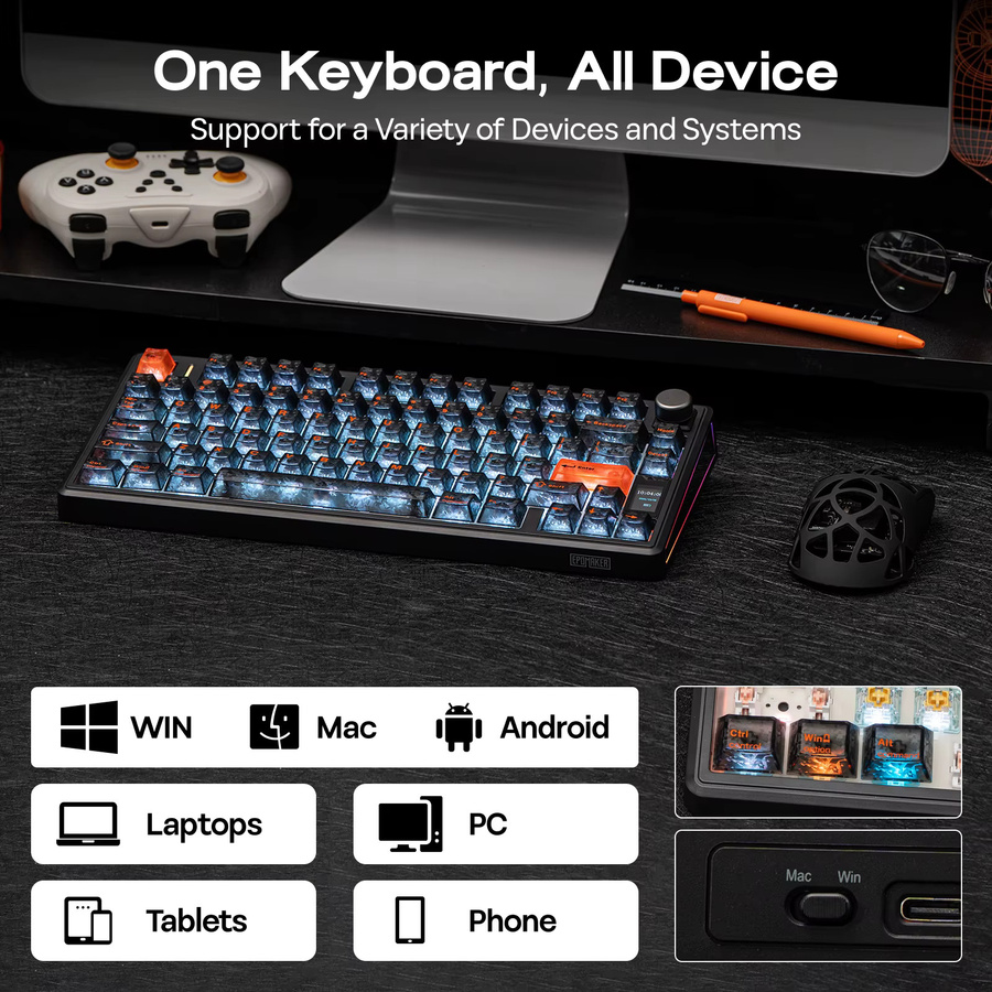 EPOMAKER TH80 V2 PRO Mechanische Gaming-Tastatur 75% ANSI US Layout mit Bildschirm und Drehknopf, Schwarz, Kabellos via Bluetooth oder 2,4GHz sowie Kabelgebunden, 10000mAh Akku - Bild 3