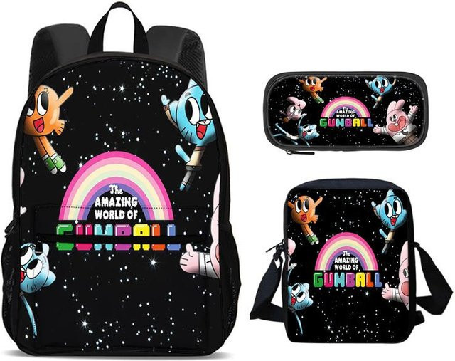 Fancy Style Studio Gumball 3er Set aus Rucksack, Federmäppchen und Umhängetasche mit Cartoon Anime Aufdruck in Multicolour aus Nylon - Bild 1