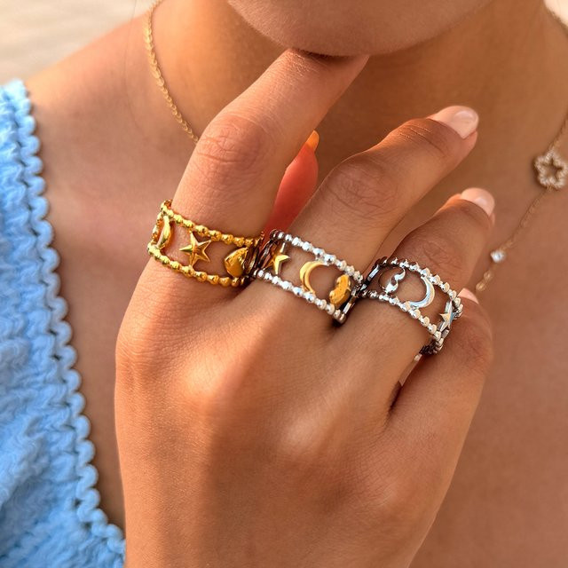 Uself Ringe, Edelstahl, Gold, Sternlinien, Damen - Bild 1