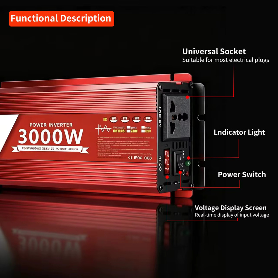 SUTU POWER Wechselrichter 12V 220V Reine Sinuswelle 3000W DC 12V 24V zu AC 220V 110V Tragbarer Stromversorgungskonverter in Rot - Bild 2
