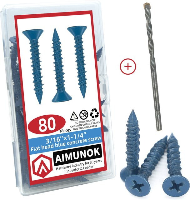 80 Stück AIMUNOK Beton-Schraubanker in Blau, 3/16 Zoll Flachkopfschrauben für Mauerwerk, Ziegel, Block, Zement oder Stuck - Bild 1