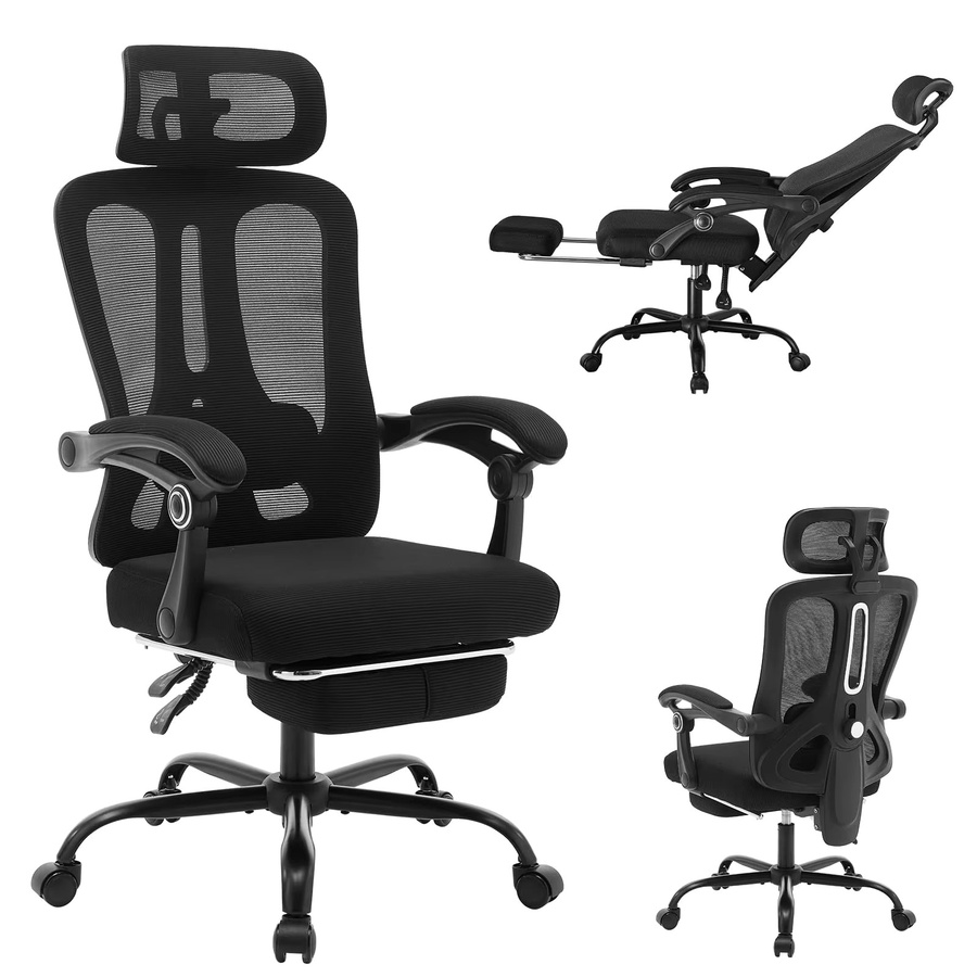 Garvee ergonomischer Gaming-Stuhl mit hoher Rückenlehne und Kopfstütze, atmungsaktives Mesh-Gewebe, verstellbare Lendenstütze und ausziehbare Fußstütze, drehbarer Bürostuhl in Schwarz - Bild 6