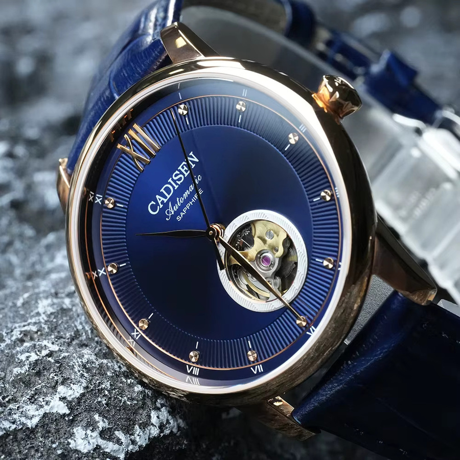 CADISEN Armbanduhr Automatik, Roségold, Blau, Leder, Herren - Bild 4