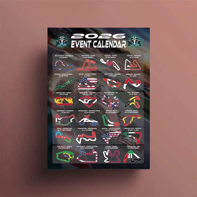 Geschenke und Versuchungen 2026 Formel Racing Event Kalender Poster mit Track Layouts und Nationalflaggen, Wandkunstdruck in Mehrfarbig - Bild 1