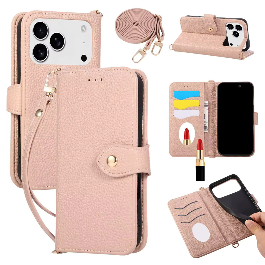 Beige Flip-Lederhülle für Apple iPhone mit Spiegel, Geldbörse und Kartenhalter als Crossbody-Telefonhülle - Bild 7