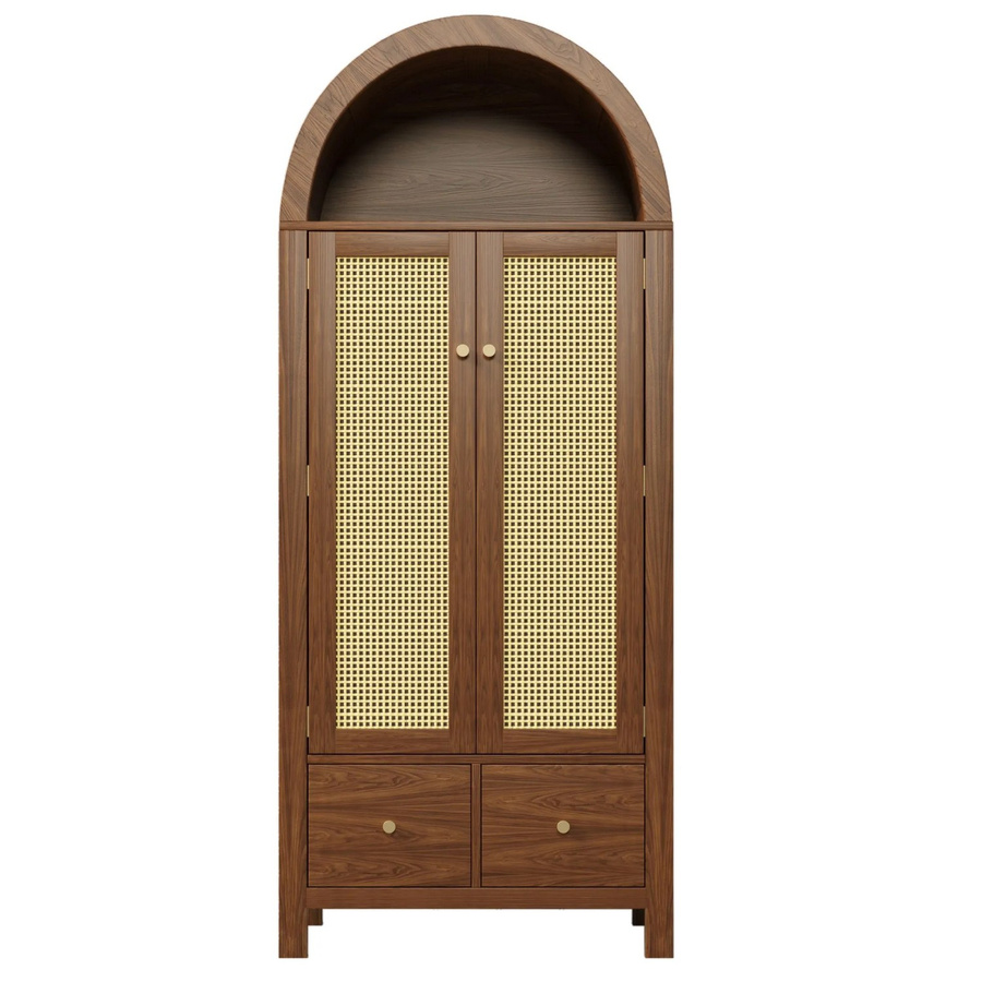 Merax Kleiderschrank mit Rattan-Elementen und integrierten Schubladen in Walnuss, B/T/H: 78 x 45 x 181 cm - Bild 2