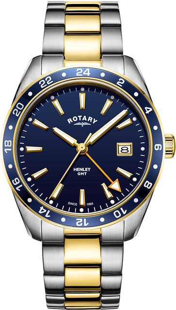 Rotary Henley GMT Herrenuhr, Quarz, Edelstahl, Blau, 40 mm, 10 ATM - Bild 1
