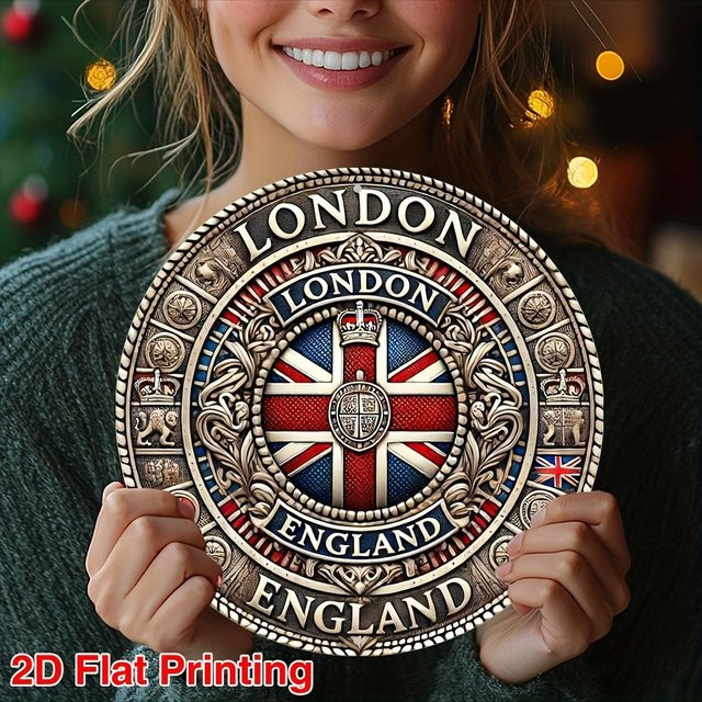 Potdemiel Vintage London England Wandbild aus Metall, Rundes Aluminium-Wandbild mit Union Jack Design, B/H: 20,32 x 20,32 cm, Mehrfarbig - Bild 1