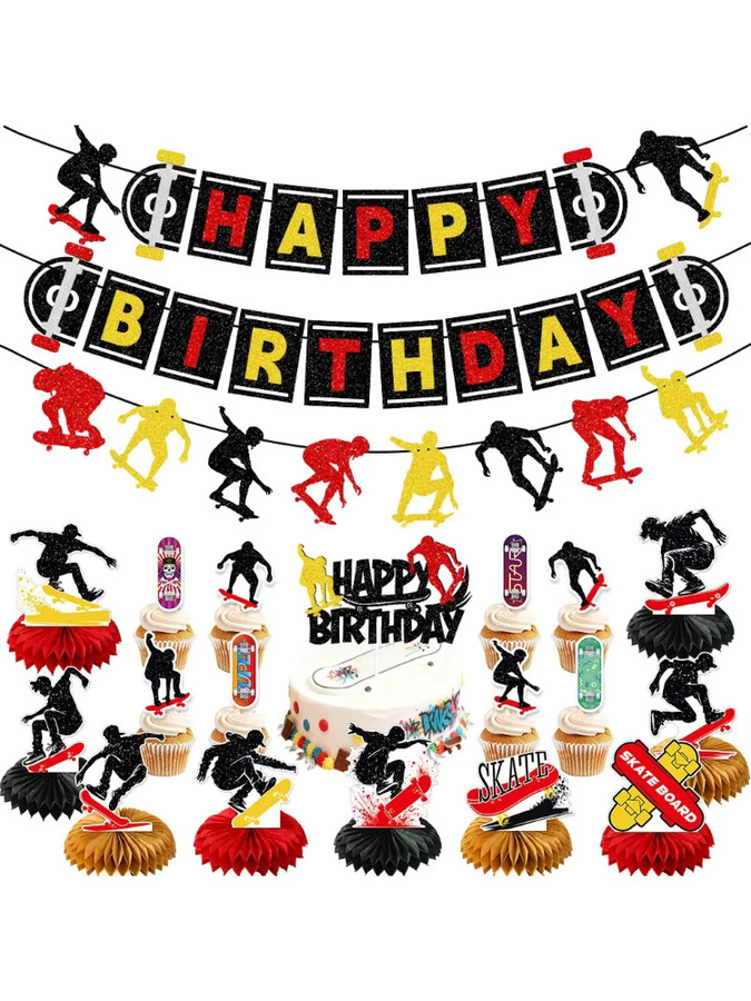 Sport Skateboard Geburtstag Banner und Kuchen Topper Set für Kinder, Mehrfarbiges Waben-Ornament aus Papier zur Partydekoration - Bild 5