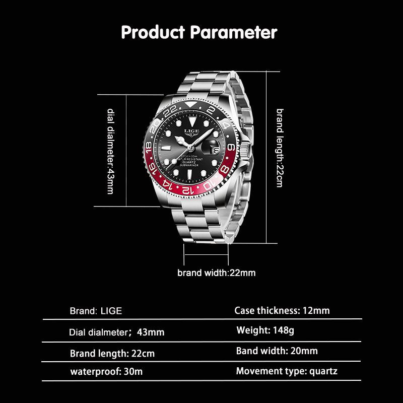 LIGE Digitaluhr, Quarz, Edelstahl, Schwarz, 43 mm, Herren - Bild 2