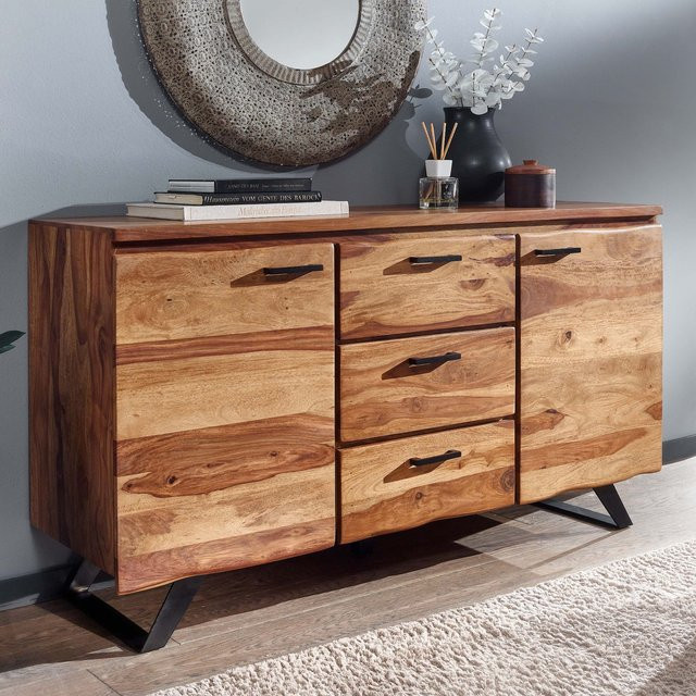 Finebuy Massivholz Sideboard Sheesham in Braun mit 2 Türen und 3 Schubladen sowie natürlicher Baumkante und Holzmaserung, Breite: 145 cm - Bild 1