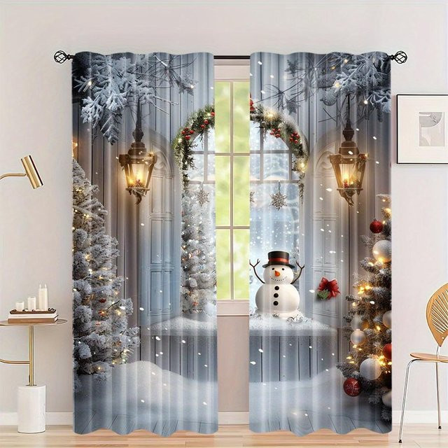 2er Set Weihnachtsvorhänge mit grünem Blattmuster in Rot, halbtransparentes Polyester mit Stangentaschen, Breite: 60 cm, Höhe: 100 cm - Bild 1