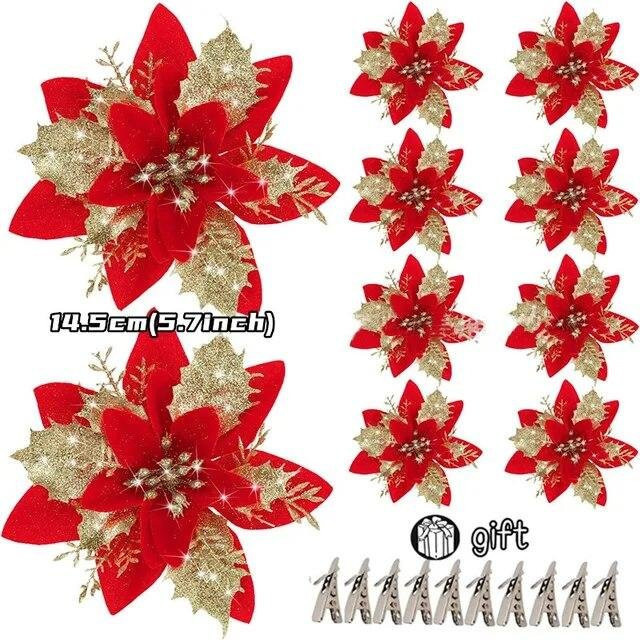 Glitzernde künstliche Weihnachtsblumen von Aloisia in Gold, Rot und Silber, 14,5 cm Weihnachtsbaumdekoration und Ornamente - Bild 1