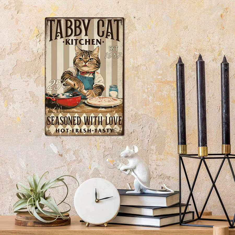 Putuo Decor Vintage Metallschild Tabby-Katze Küche Wandkunst-Dekoration Mehrfarbig B: 30,0 cm, H: 20,0 cm - Bild 2