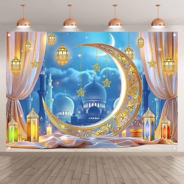 VIKAMA Ramadan Eid Mubarak Banner mit Mond- und Stern-Motiv in Gold als hängende Dekoration im orientalischen Stil - Bild 1