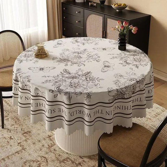 Runde Tischdecke von JINGYUE Pet aus PVC mit floralem Design in Weiß, wasserabweisend, Durchmesser: 120 cm - Bild 1