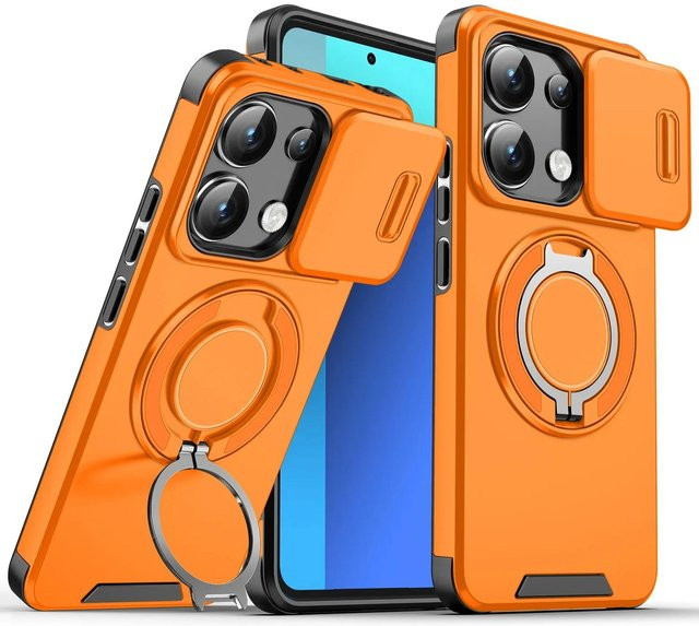 Stoßfeste magnetische Schutzhülle von Rui Di für Redmi 13 Pro 5G, Redmi 13 Pro Plus und Redmi Note 13 Pro Plus mit schiebbarem Kameraobjektiv-Schutz und Ringständer in Orange - Bild 1