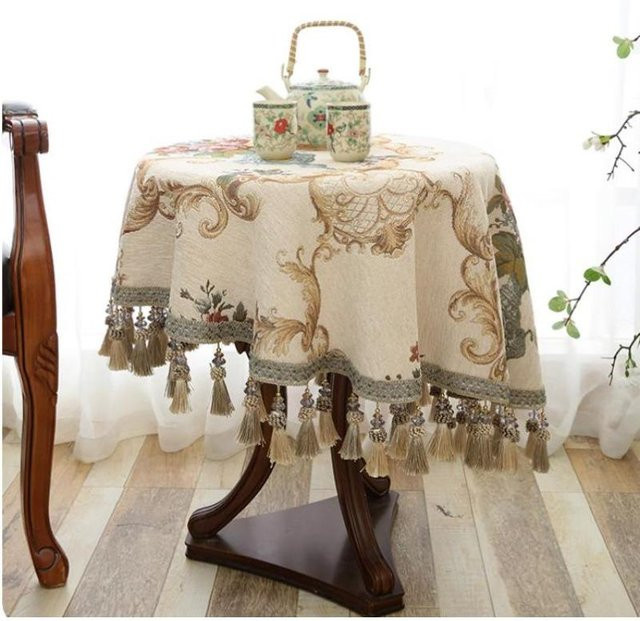 Super Six Runde Tischdecke mit Quasten und Jacquard-Floral-Muster in Blau oder Beige, Durchmesser: 120 cm - Bild 1