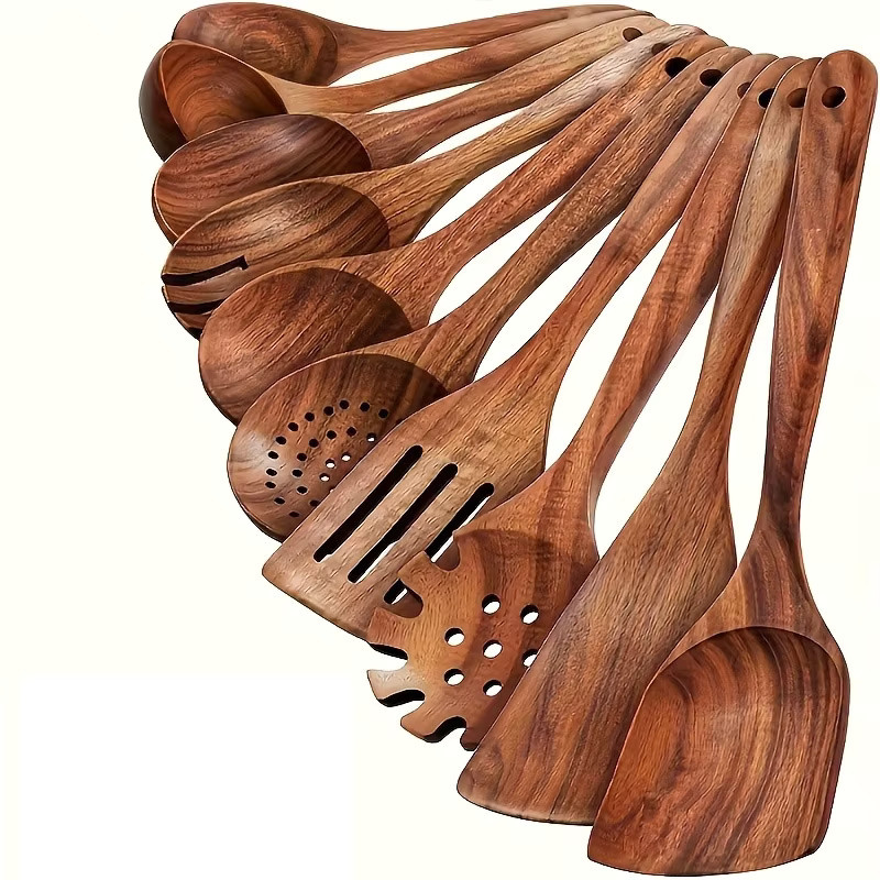 10-teiliges KEMORELA Kochutensilien-Set aus Naturholz in Braun mit Kochlöffel und Schöpflöffel für Salat, Suppe und Nudeln - Bild 5