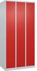 C+P Spind Classic PLUS Spind mit 3 Abteilen, Stahl, Farbe: Lichtgrau/Verkehrsrot, H x B x T: 185 x 90 x 50 cm, mit Zylinderschloss und 3 Garderobenhaken - Bild 1