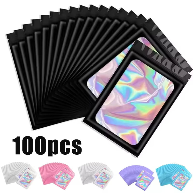 100 Stück Holografische Ziplock-Beutel aus Kunststoff in Multicolour und Orange für Schmuck, Wimpern und Maniküre-Zubehör - Bild 1