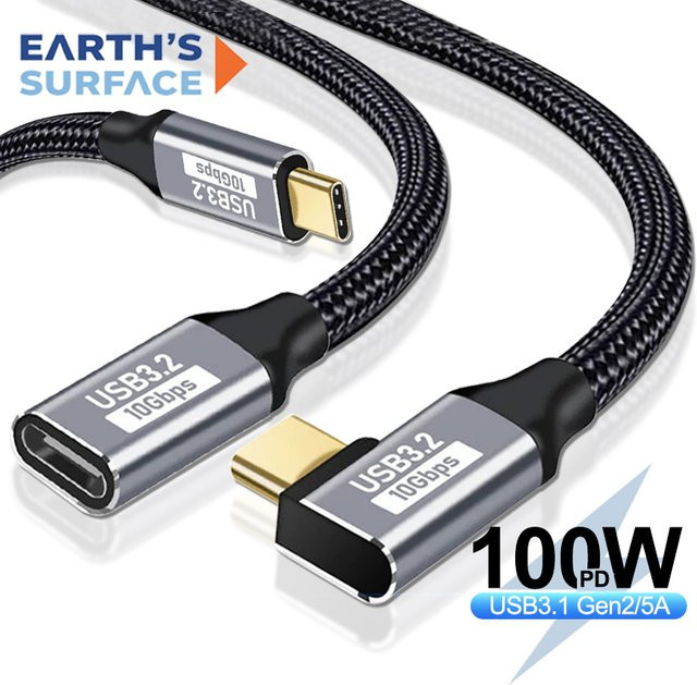 OUIO USB Typ C Schnellladekabel PD 100 W, USB C 3.1 Gen2 Verlängerungskabel mit 90 Grad Winkel, 10 Gbit/s Datenübertragung, Schwarz - Bild 1