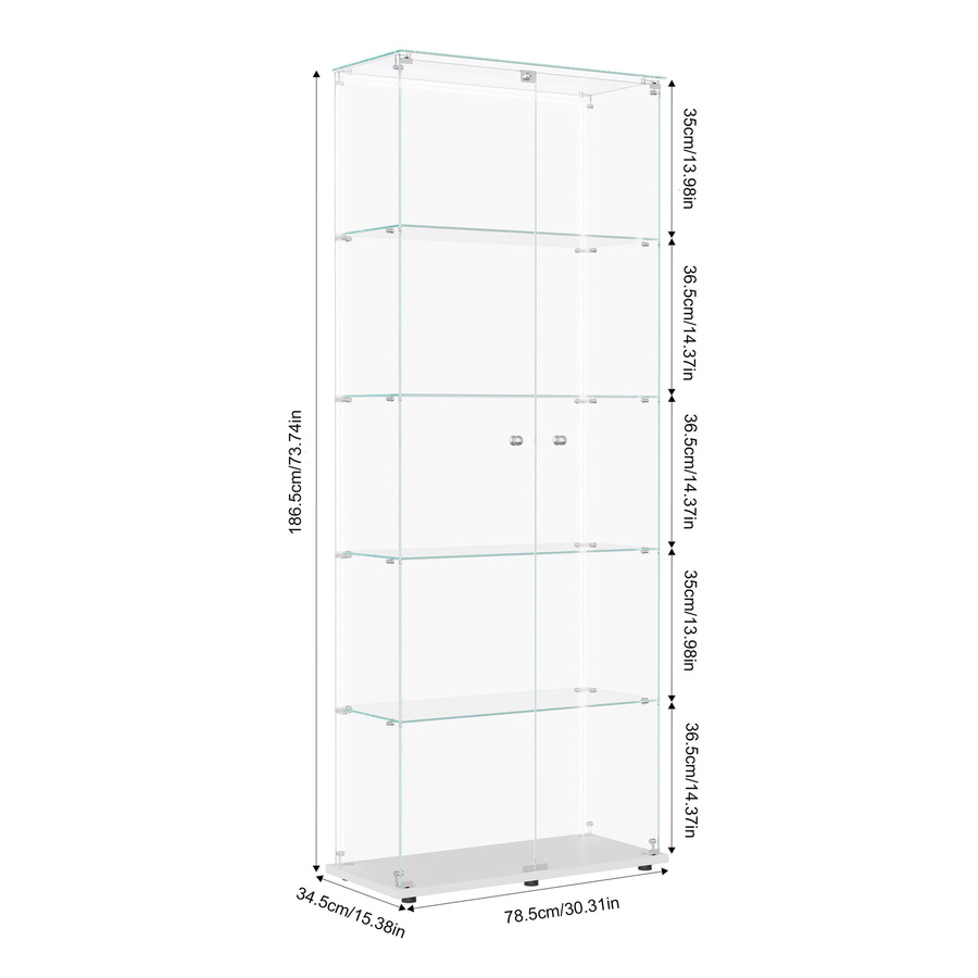 Superaly Glas-Vitrine mit LED-Beleuchtung in Weiß, 5-Schichten-Vitrinenkasten mit Doppeltür aus Glas für Wohnzimmer, Sammlerstücke und Bücher, B/T/H: 78,5 x 34,5 x 186,5 cm - Bild 2