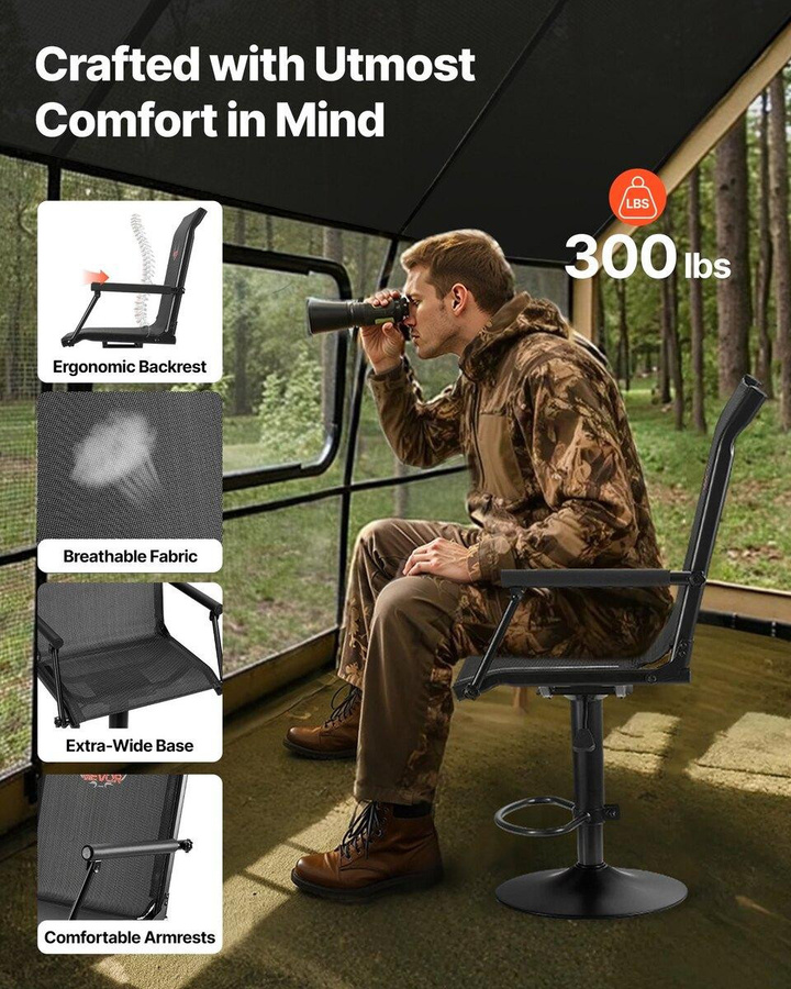 Buying Solutions, MB Jagdstuhl in Tarnung, 360° geräuschlos schwenkbar, höhenverstellbarer Bodenhocker mit Stahlrahmen, gepolsterte Armlehnen, Farbe: Schwarz, Belastbarkeit: 136 kg - Bild 5