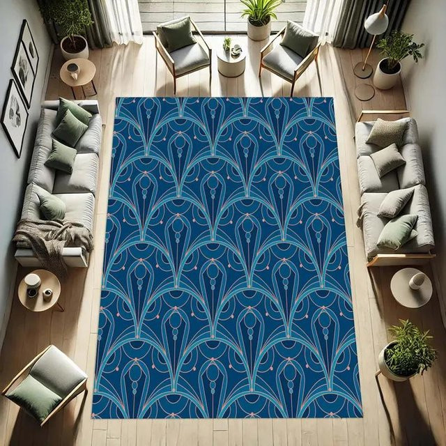 Rouxin eight Art Deco Teppich mit geometrischem Vintage-Muster in Blau, B/T: 60 x 40 cm - Bild 1