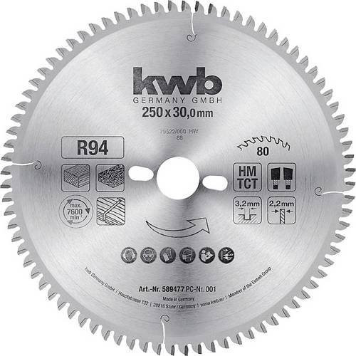 Kwb Kreissägeblatt für Gehrungssägen aus Hartmetall für Holz und Kunststoff, Farbe: Silber, Durchmesser: 250 mm, Bohrung: 30 mm - Bild 1