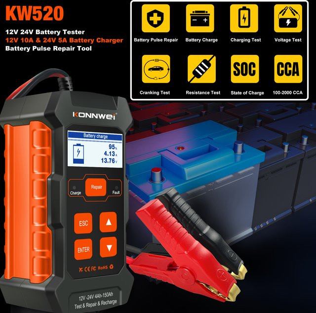 KONNWEi Automotive Batterie Tester in Schwarz mit Puls Reparatur, Spannungserkennung und Startup Test für dein Auto - Bild 1