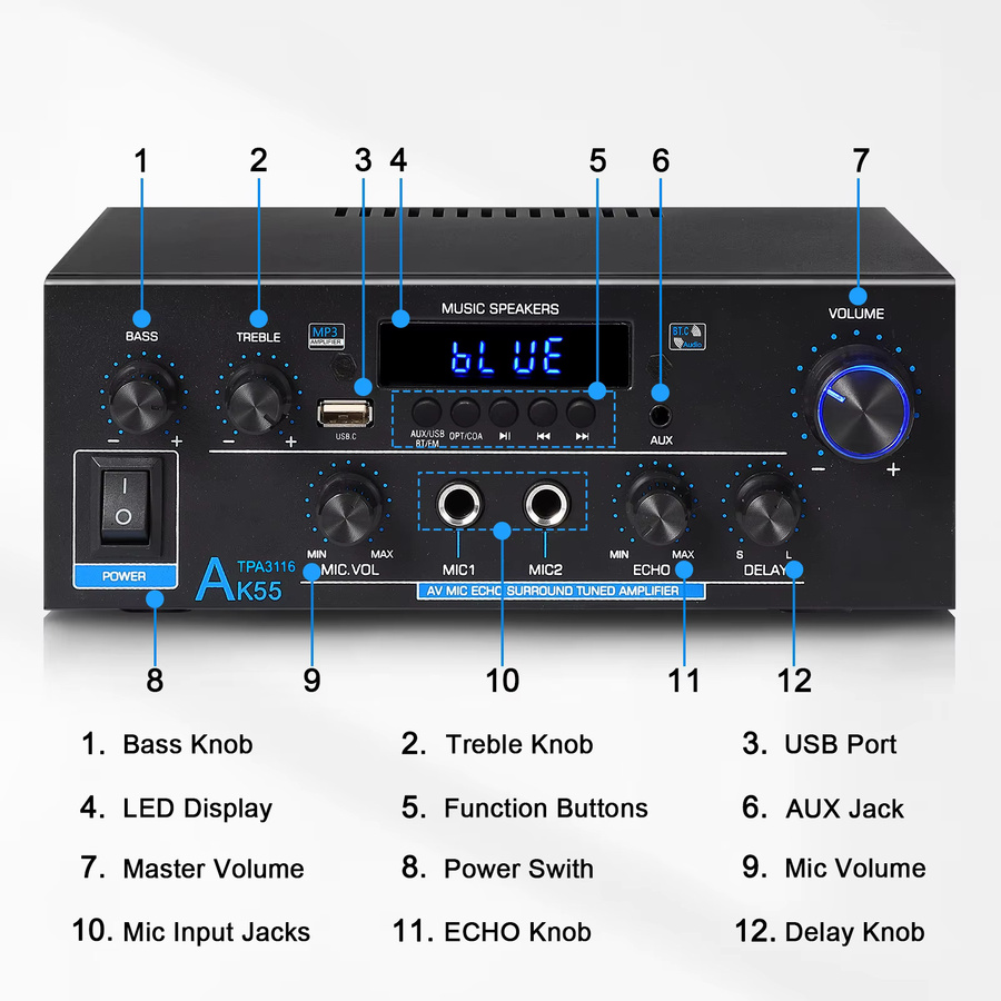 Woopker AK55 Digitalverstärker in Schwarz mit Bluetooth, USB, SD und FM-Radio für Hifi-Heimkino-Systeme - Bild 5
